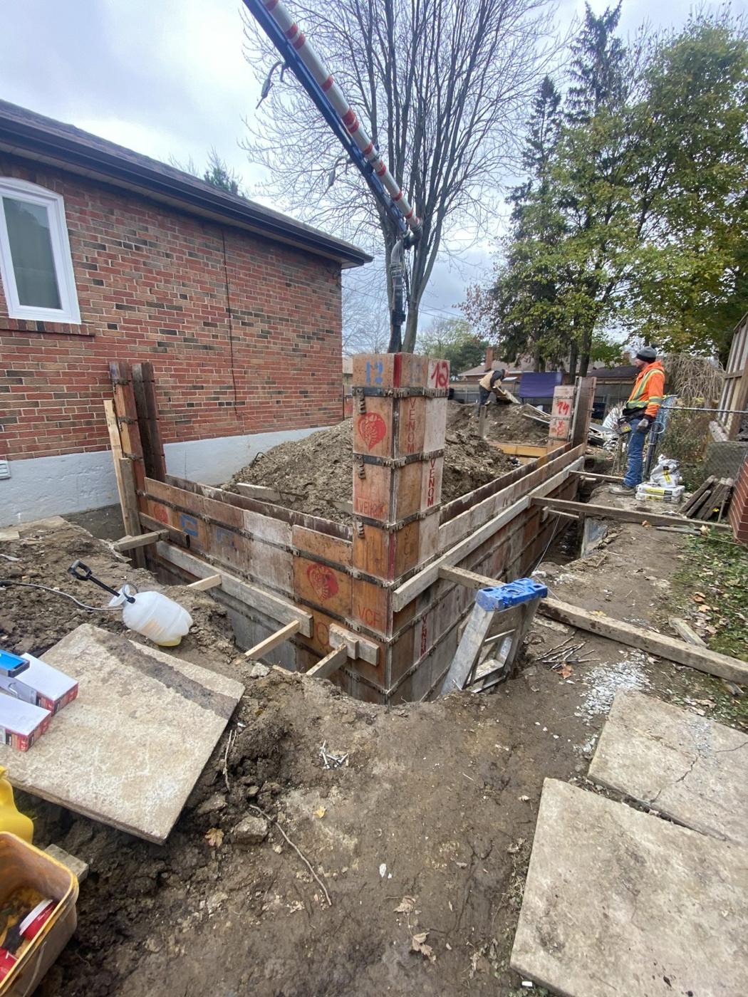 Formed concrete foundation walls for the detached garage during construction